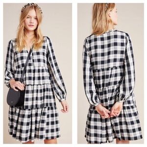 Anthropologie Maeve Amber Tiered Tunic Dress Plaid Black White Size S
